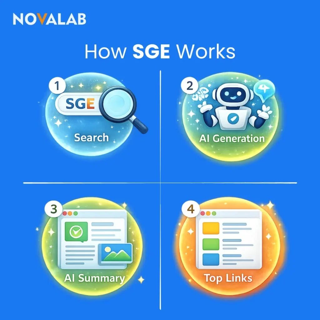 Novalab graphic showing how SGE works in four steps: Search, AI Generation, AI Summary, and Top Links. More descriptive alt text: