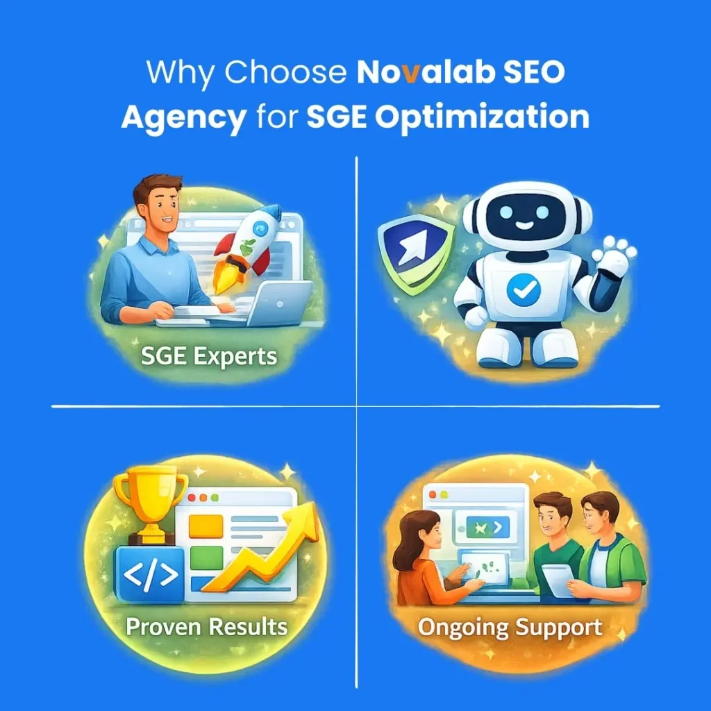 infographic titled “Why Choose Novalab SEO Agency for SGE Optimization,” highlighting four benefits: SGE experts, trusted protection, proven results, and ongoing support.