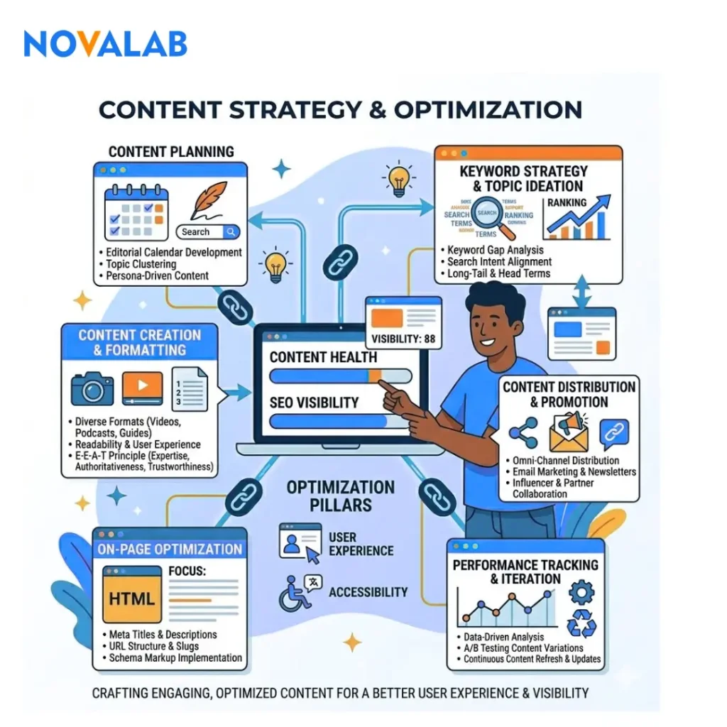 : Illustration of content strategy and optimization showing content planning, keyword strategy, content creation, distribution, on-page SEO, and performance tracking
