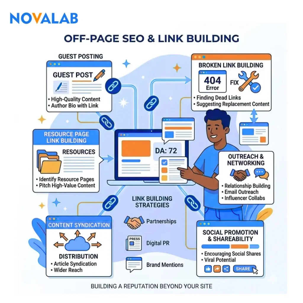 Illustration of off-page SEO and link building with guest posting, broken link building, outreach, content syndication, and social promotion