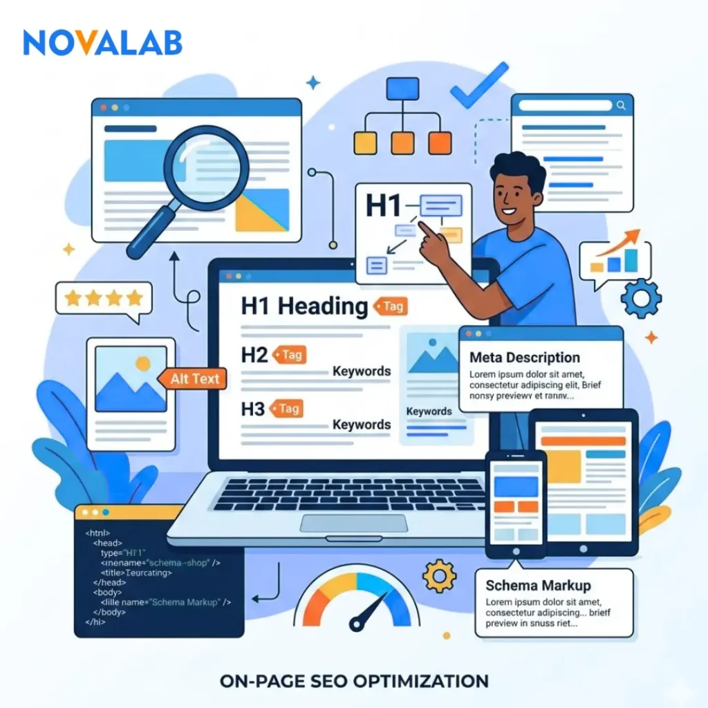 Illustration of on-page SEO optimization with headings, meta description, alt text, schema markup, and keyword structure for website optimization.