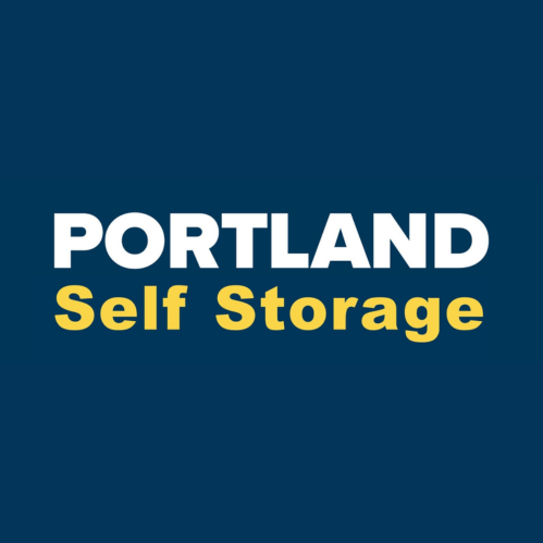 Portland Self Storage logo with white text and yellow highlights on a dark blue background