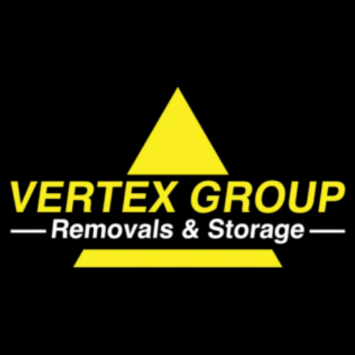 Vertex Removals logo with clean, modern text and a simple geometric icon, using yellow and white colors