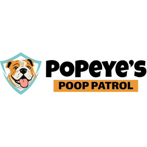 Logo for Popeye's Poop Patrol featuring a happy bulldog inside a teal shield, next to bold black text 'Popeye's' and an orange box with 'Poop Patrol' in black capital letters.