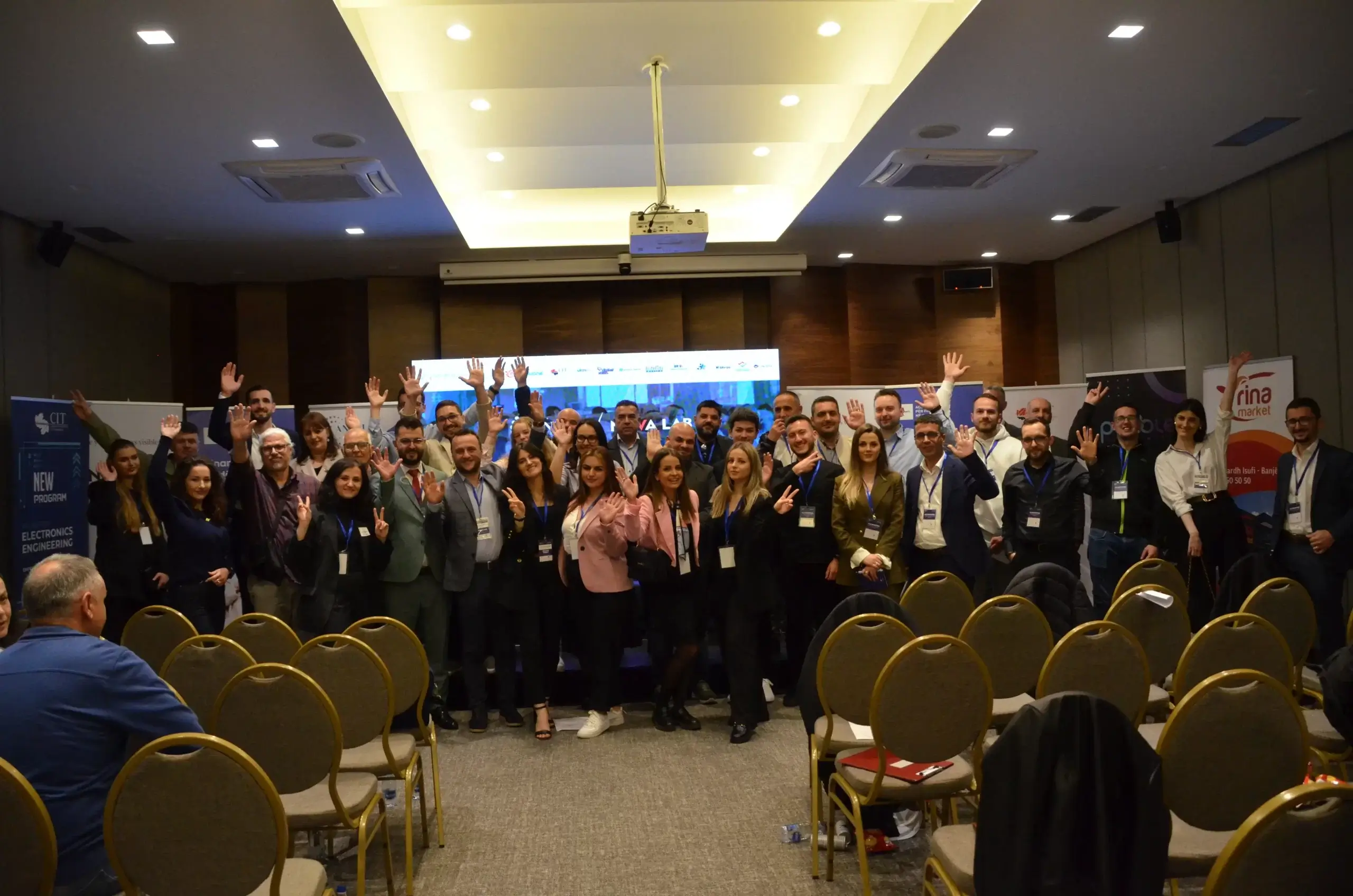 Business professionals group photo at tech networking event