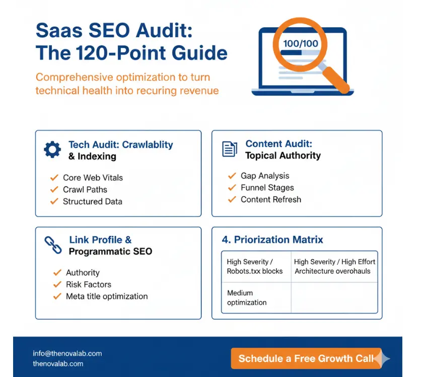 Infographic of SaaS SEO audit including technical SEO, content strategy, link profile, and prioritization matrix