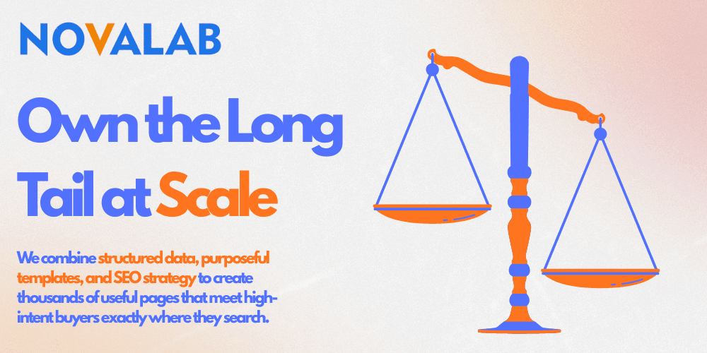 Own the long tail at scale. Illustration of a balance scale beside copy about structured data, templates, and SEO strategy.