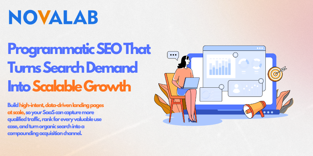 Programmatic SEO that turns search demand into scalable growth. Illustration of a woman analyzing charts on a laptop.