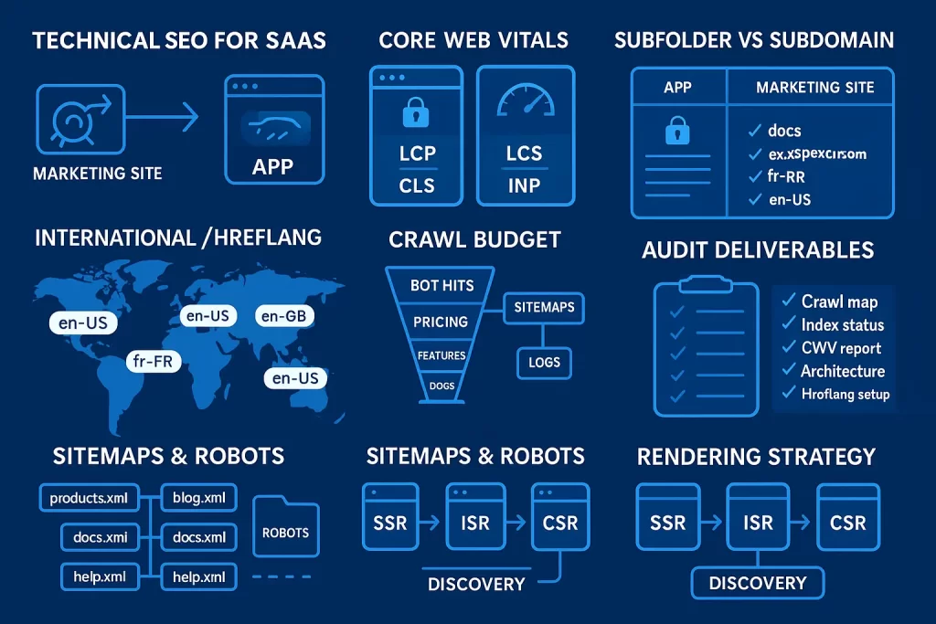 Technical SEO for SaaS: Core Web Vitals, hreflang, sitemaps, crawl budget & SSR strategy