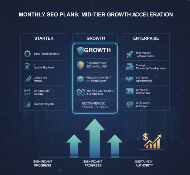 "Comparison of Starter, Growth, and Enterprise monthly SEO plans with features and progress indicators.