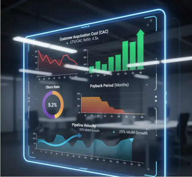 Futuristic digital dashboard displaying customer acquisition cost, churn rate, payback period, and pipeline velocity analytics in a modern office setting