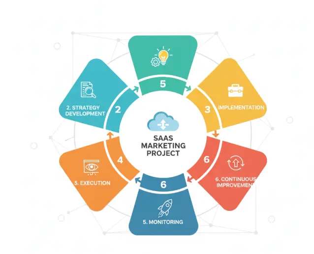SaaS marketing project cycle showing strategy development, implementation, execution, monitoring, and continuous improvement.