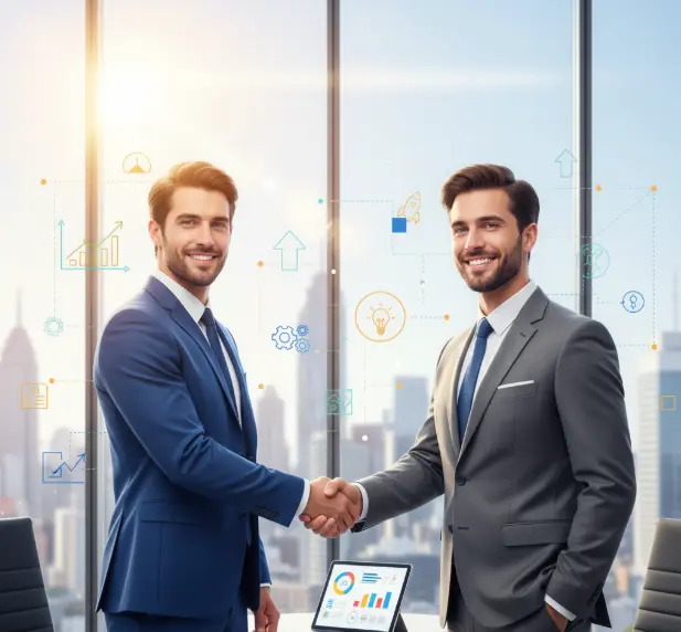 Two business professionals shaking hands in a modern office after a successful partnership agreement.