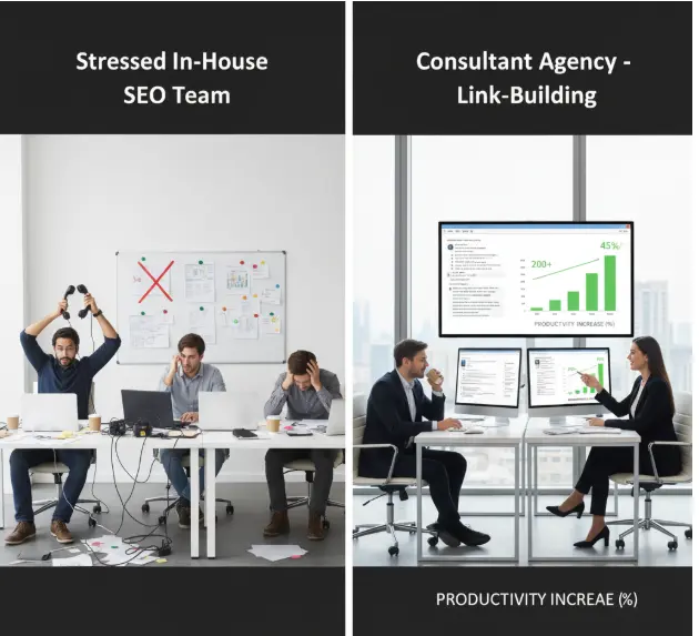 Comparison of a stressed in-house SEO team versus a professional link-building agency, showing disorganized workers on the left and a productive consultant team reviewing analytics on the right.