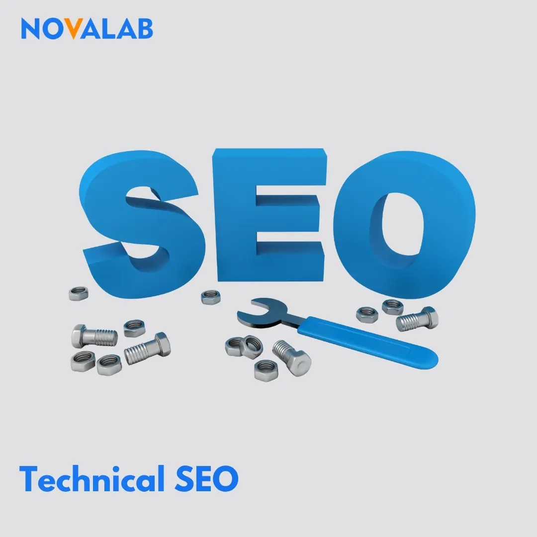 Technical SEO illustration showing wrench, bolts, and 3D SEO letters symbolizing website optimization and performance by NOVALAB