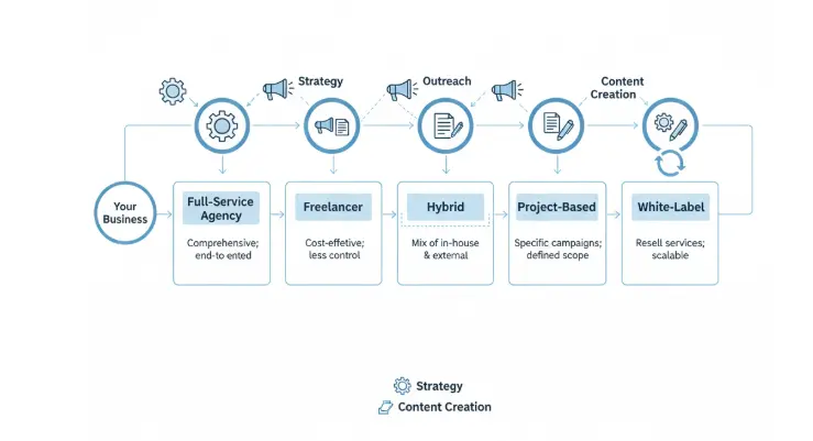 Diagram comparing link-building service models—full-service agency, freelancer, hybrid, project-based, and white-label—showing strategy, outreach, and content creation workflows for businesses.