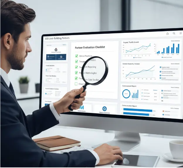 Business professional reviewing an SEO partner evaluation checklist on a computer monitor with analytics dashboards, using a magnifying glass to assess link-building performance and metrics.