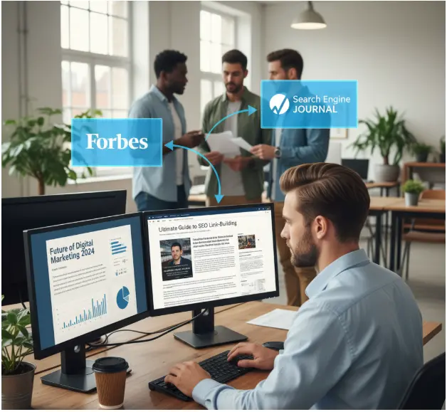 Digital marketing professional researching SEO link-building strategies on dual monitors, with colleagues collaborating in the background and references to Forbes and Search Engine Journal articles.