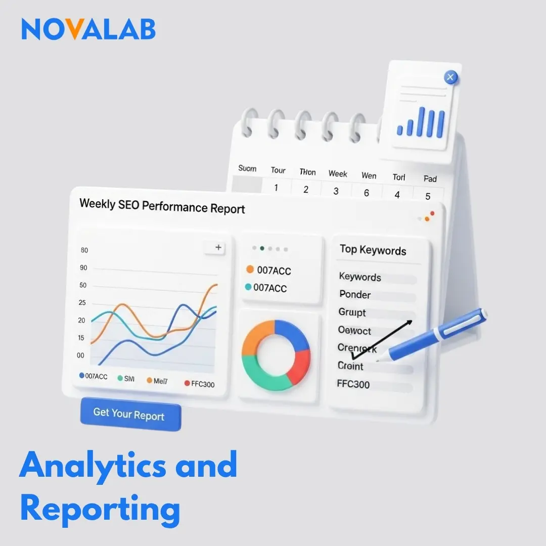 Digital marketing dashboard visual highlighting SEO analytics, keyword tracking, and performance reporting for data-driven growth