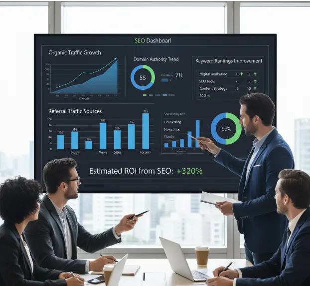 Marketing team reviewing an SEO dashboard with charts showing organic traffic growth, domain authority, referral sources, keyword ranking improvements, and a projected 320% ROI from SEO.