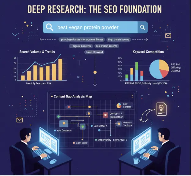 SEO analysts researching the keyword ‘best vegan protein powder’ with charts showing search volume trends, keyword competition, and a detailed content gap analysis map.