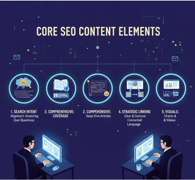 Core SEO content elements illustrated with icons for search intent, comprehensive coverage, deep-dive content, strategic internal linking, and visual media, shown above two analysts working at computers