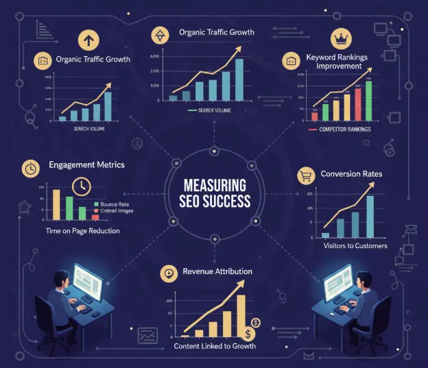 Infographic showing how to measure SEO success with charts for organic traffic growth, keyword rankings, engagement metrics, conversion rates, and revenue attribution, illustrated with analysts working at computers.
