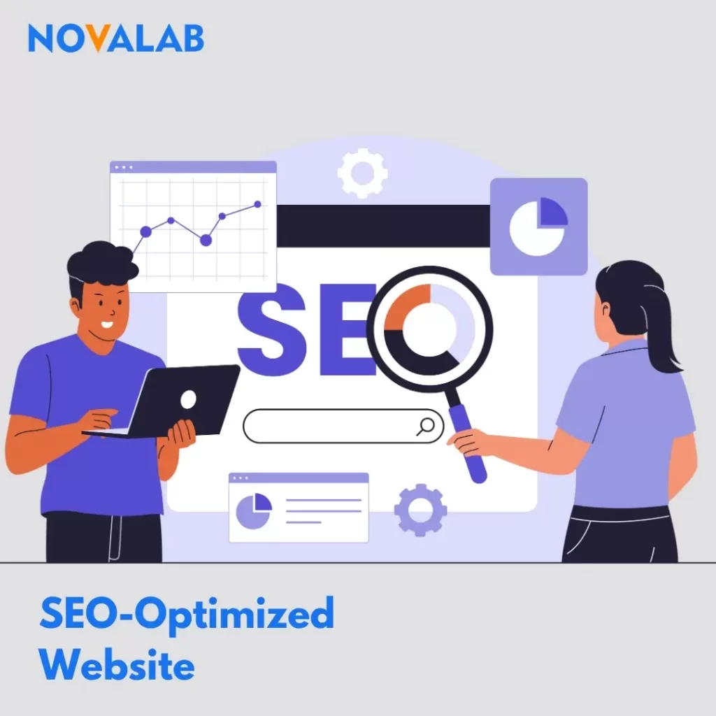 Illustration of Novalab team optimizing a website for SEO to increase traffic, engagement, and conversions