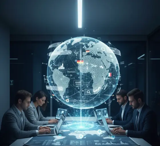 Business team working on laptops around a digital holographic globe displaying global data analytics, international connections, and market insights in a modern high-tech office.
