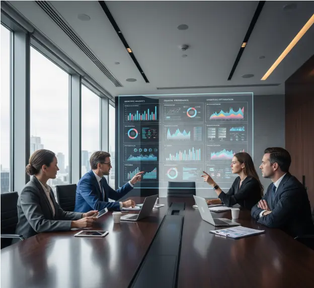 Corporate meeting analyzing marketing, financial, and operational data using visual dashboards and performance metrics.