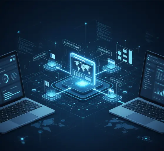 Digital network infrastructure illustration showing laptops connected to a centralized server system with domain management, data analytics, and cybersecurity elements in a futuristic interface.