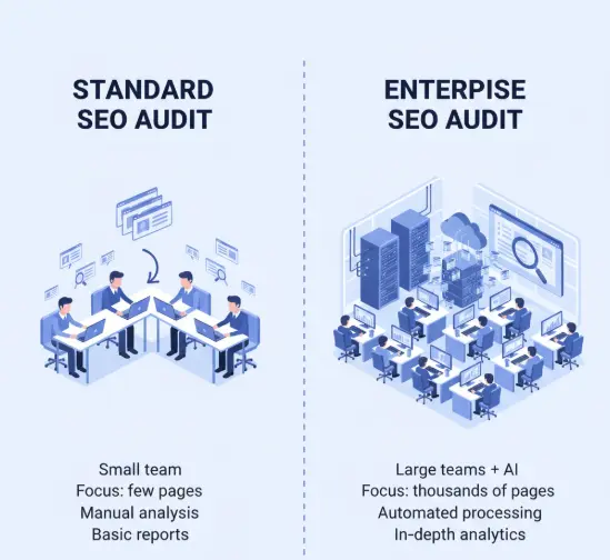 At Novalab SEO Agency, we go beyond standard SEO audits. While traditional audits rely on small teams and manual checks, our enterprise-level approach uses large expert teams and AI-driven systems to analyze thousands of pages with precision — delivering deeper insights, stronger strategies, and measurable growth.