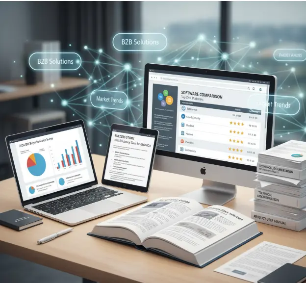 Modern workspace showing B2B analytics tools including buyer surveys, software comparisons, and market research.