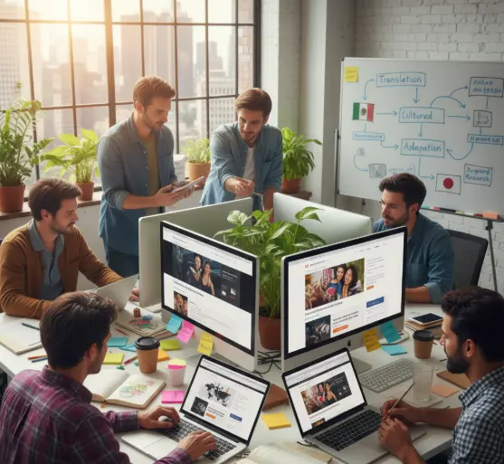 Creative marketing and localization team collaborating in a modern office, working on website content, translation strategies, and keyword research with laptops, desktops, and brainstorming notes.
