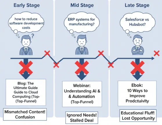 Infographic showing mismatched content at early, mid, and late stages of the marketing funnel causing lost opportunities.