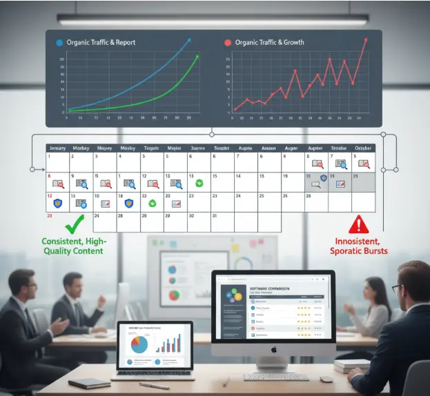Business meeting analyzing organic traffic trends and content consistency impact on SEO growth.