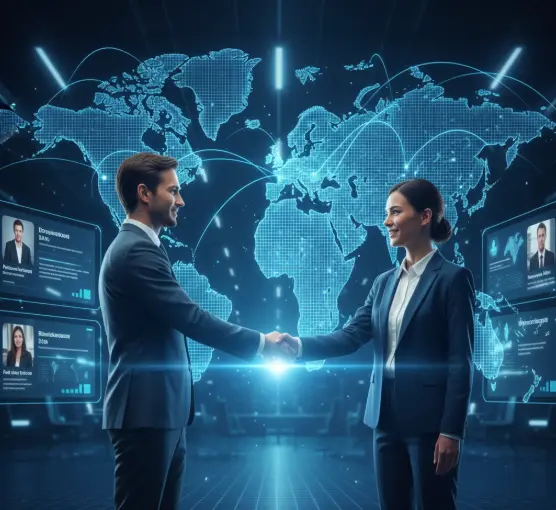 Two business professionals shaking hands in front of a digital world map interface displaying global connections, data profiles, and international networking visuals in a high-tech environment.