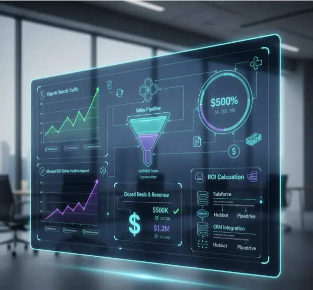Futuristic dashboard showing business analytics for SEO, sales pipeline, revenue growth, and CRM integration.