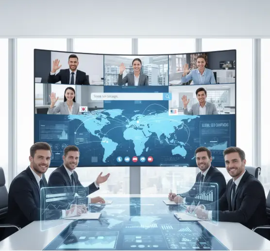 Hybrid business meeting with in-person and remote participants analyzing global data using augmented reality tools.