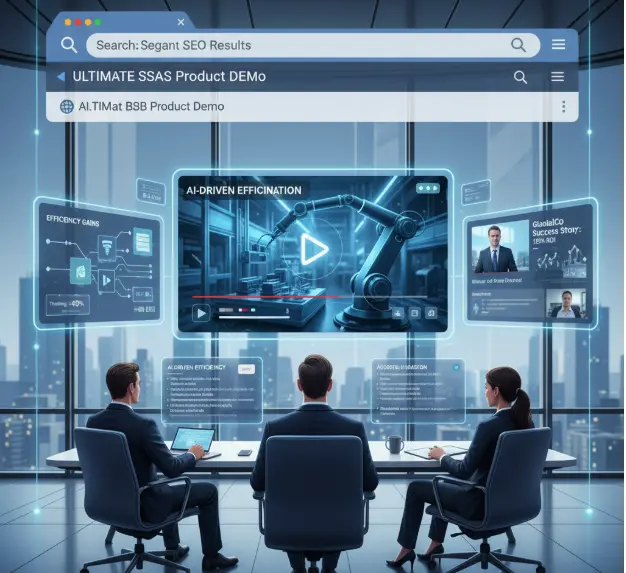 "Futuristic business meeting showing AI-driven SEO efficiency with data panels, demos, and success metrics.