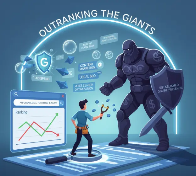 "Illustration of small business owner using SEO and digital marketing to compete with large online competitors