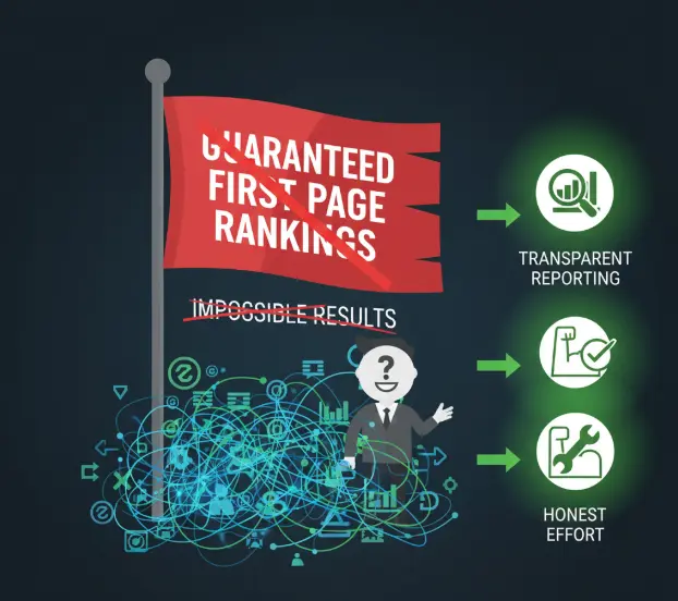 "Illustration contrasting misleading SEO promises with authentic practices like transparent reporting and realistic expectations.