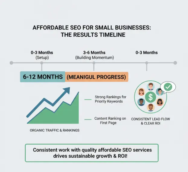 Infographic showing SEO results timeline for small businesses from setup to meaningful progress and ROI.