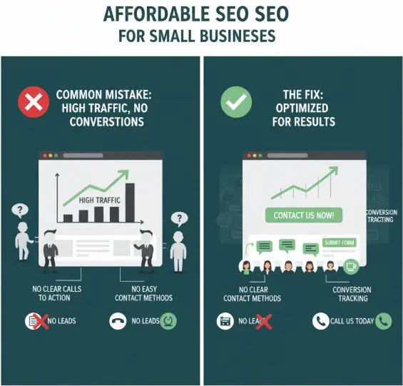 Comparison graphic showing common SEO mistake of high traffic with no conversions versus optimized site for results.