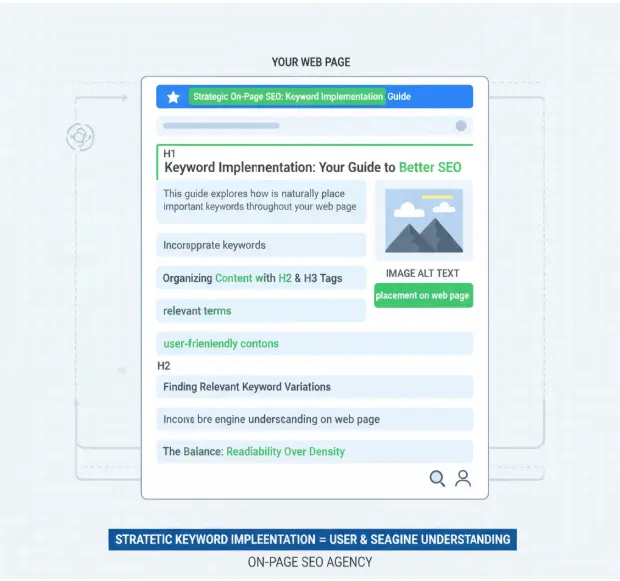 Web page layout illustrating strategic keyword placement for on-page SEO including headings, alt text, and content structure.