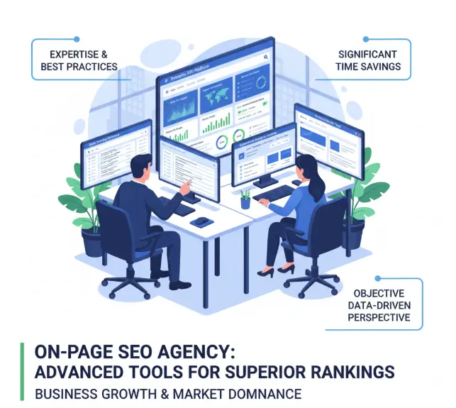 Illustration of SEO experts using advanced tools to deliver data-driven insights and superior rankings.