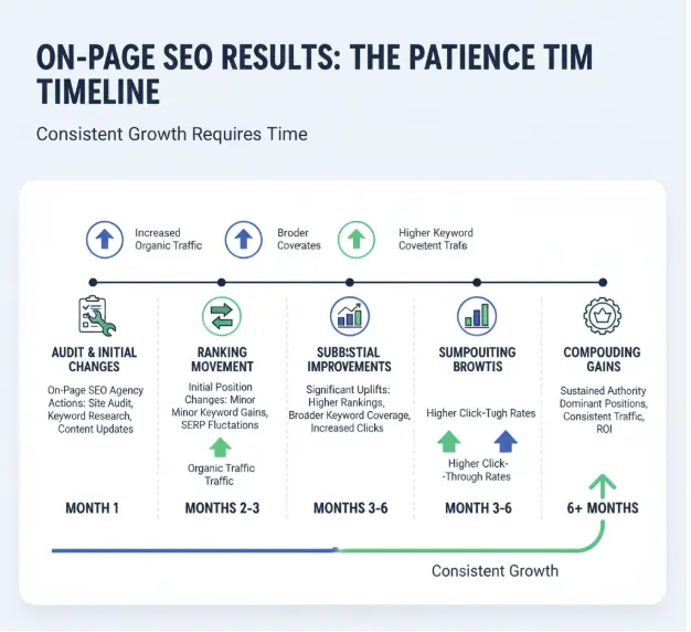 Infographic showing on-page SEO timeline from audit to compounding gains over six months and beyond.
