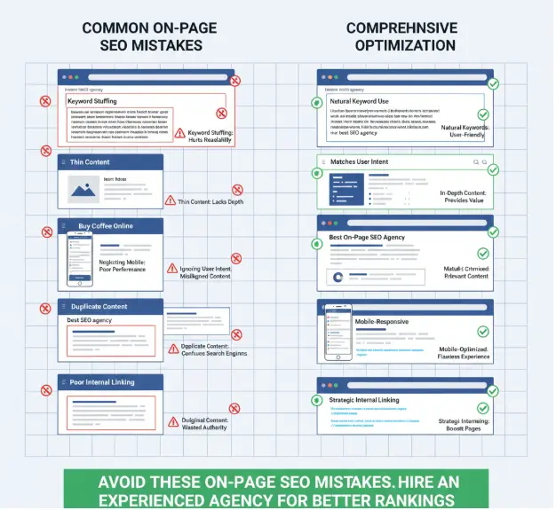 Infographic comparing common on-page SEO mistakes like keyword stuffing with best practices for optimization.