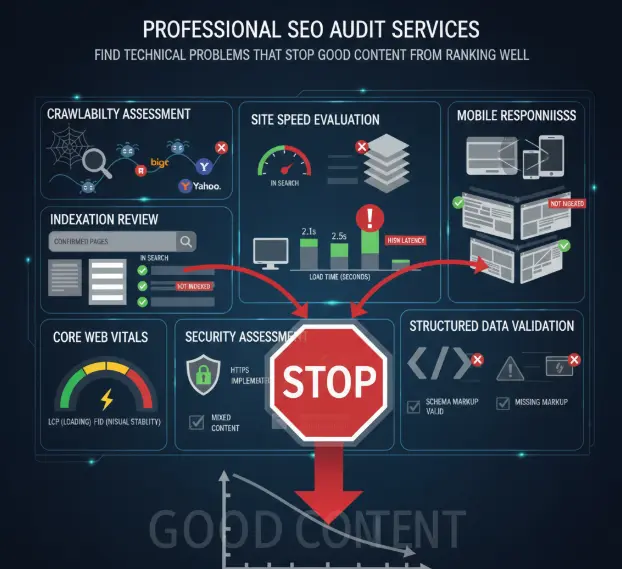 Infographic showing technical SEO issues like crawlability, site speed, mobile responsiveness, and structured data errors.