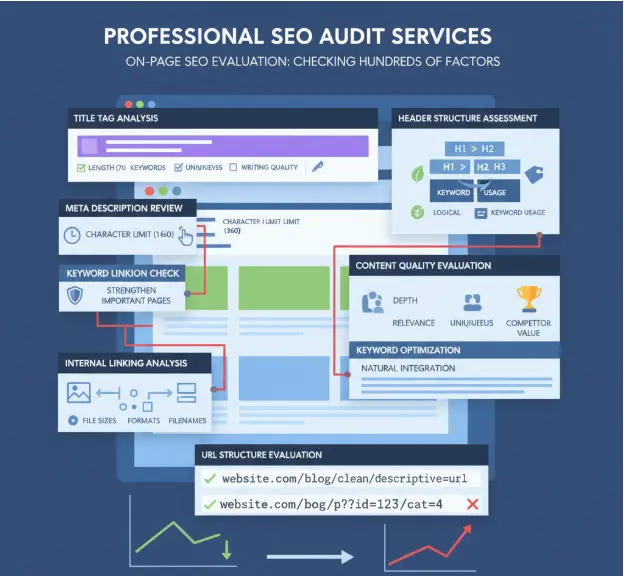 "Infographic detailing on-page SEO audit factors including title tags, headers, meta descriptions, and content quality.